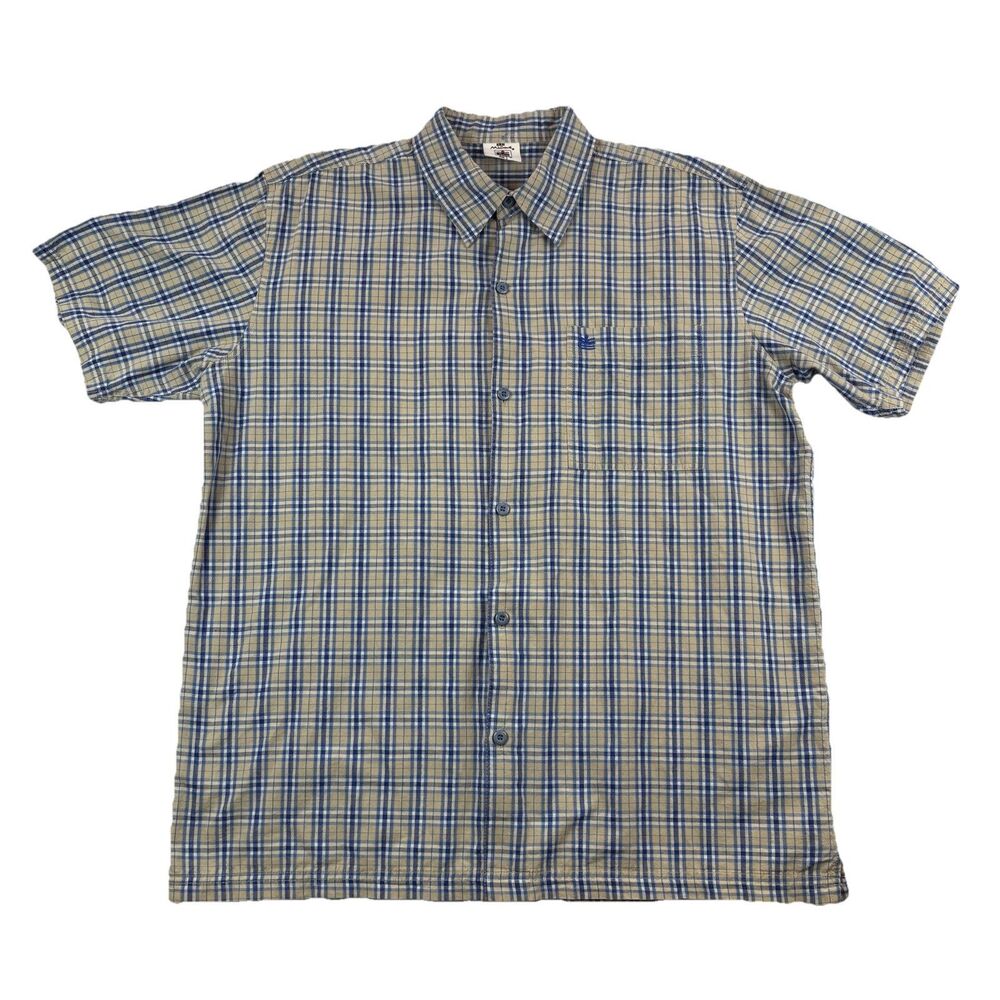 Vintage Kikai Machine Button Up Shirt Mens L Tan Blue Plaid Short Sleeve